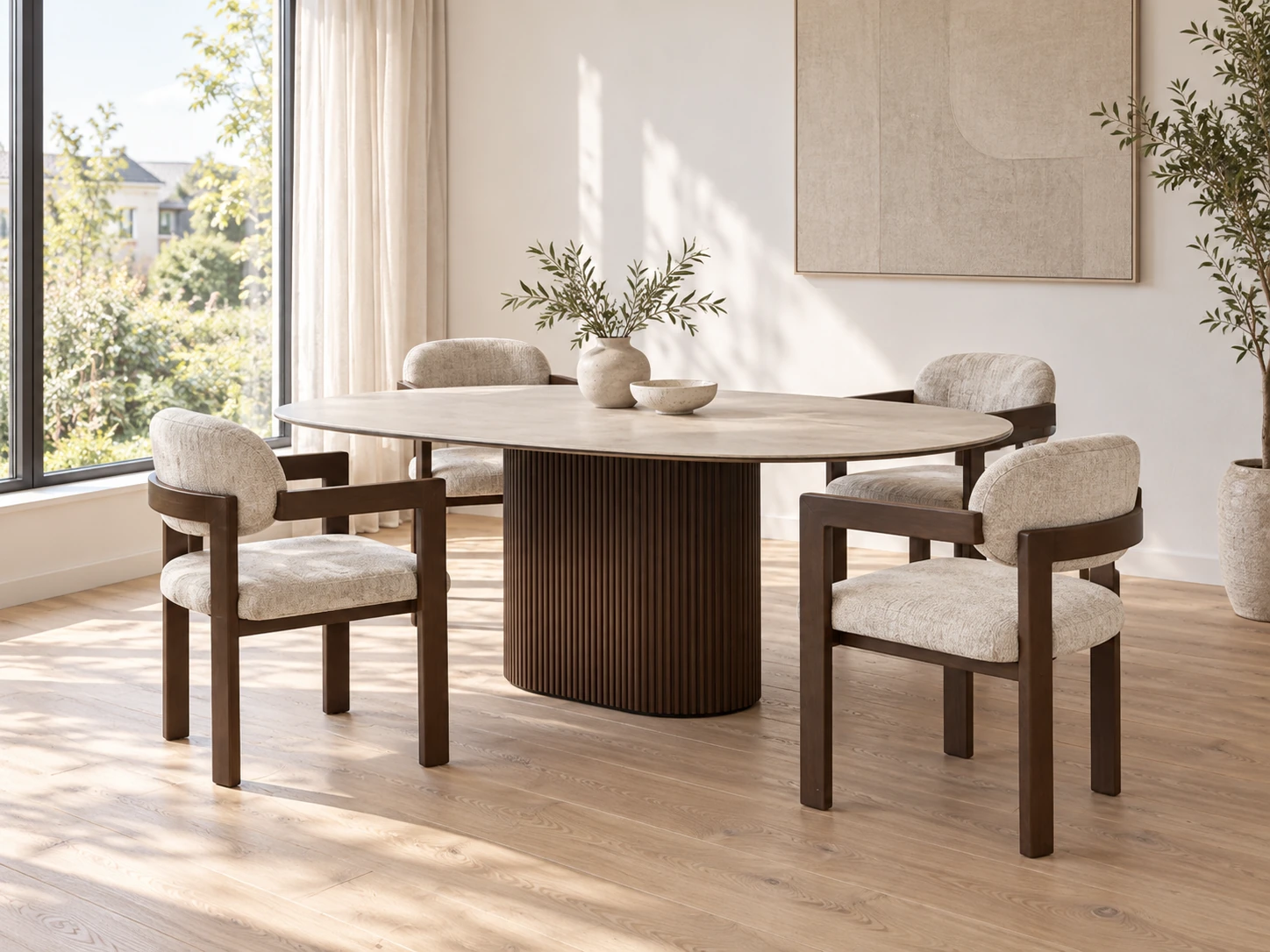 AI-sfeerimpressie met Aqua eettafel en Dubai eetkamerstoelen uit de collectie