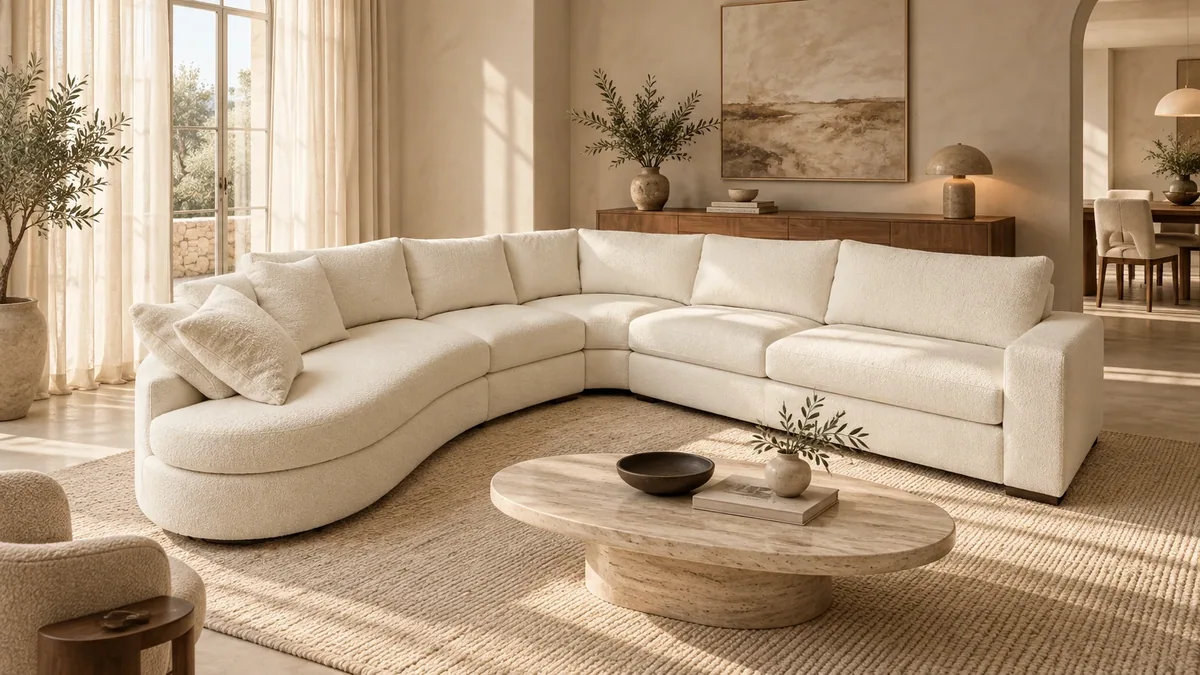 Nirvana hoekbank in een warm modern interieur, AI-sfeerimpressie