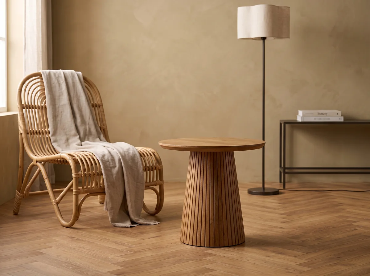 Solana rotanstoel met plaid en bijzettafel, AI-sfeerimpressie