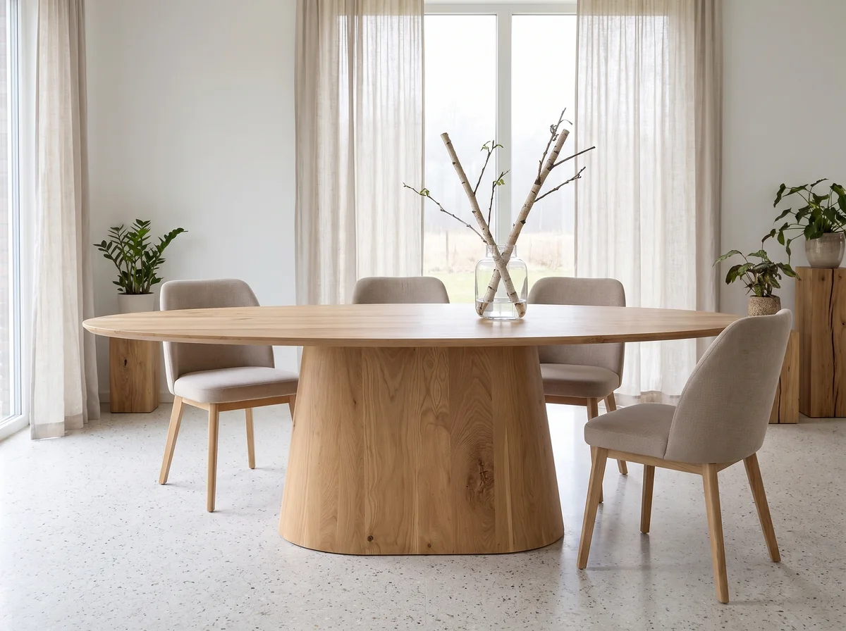 Riga eettafel met stoelen in een lichte eetkamer, AI-sfeerimpressie