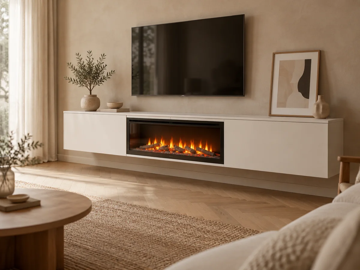 Zwevend tv-meubel met elektrische sfeerhaard in een lichte woonkamer