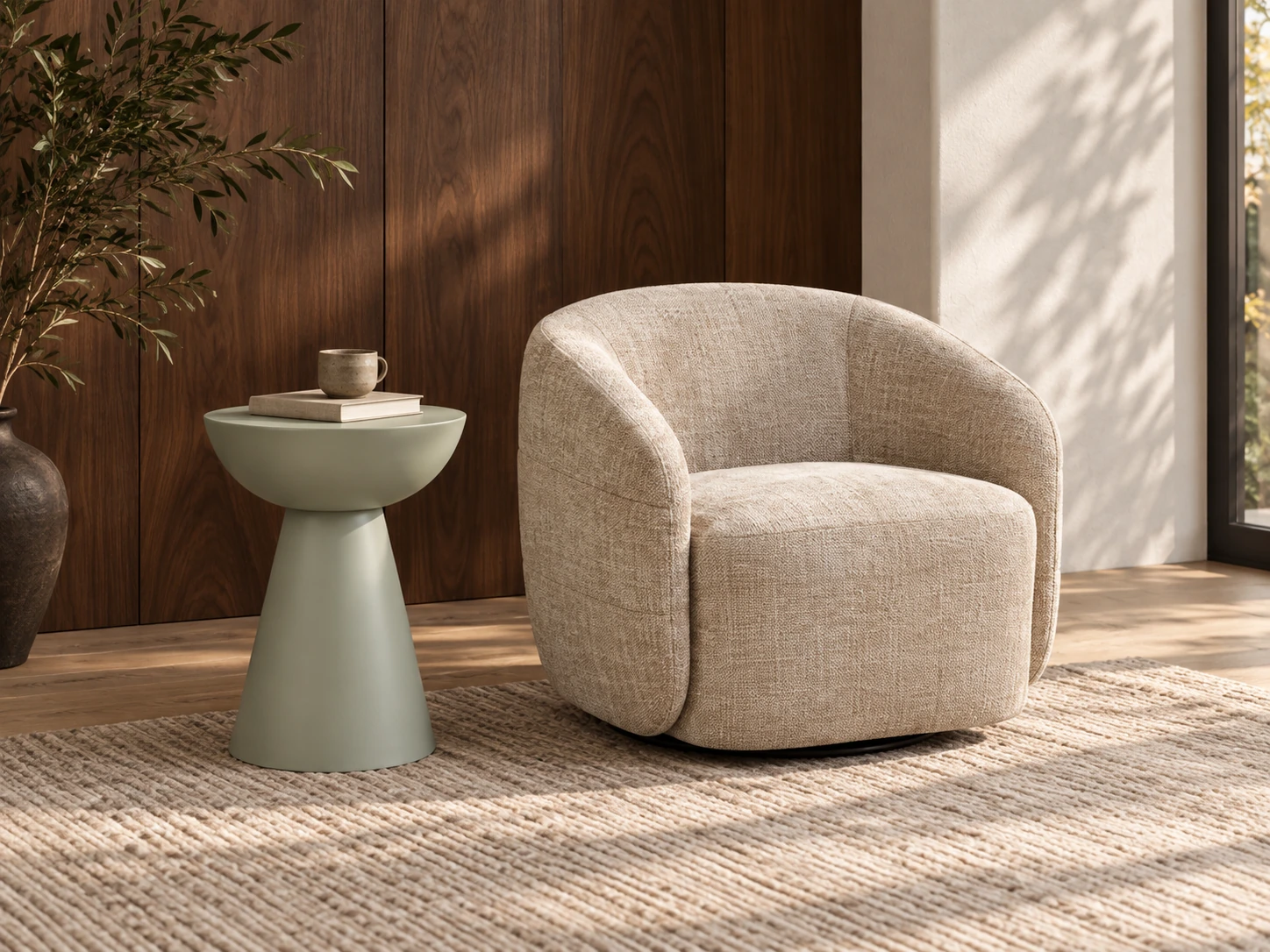 AI-sfeerimpressie met Yara fauteuil en Owen bijzettafel uit de collectie